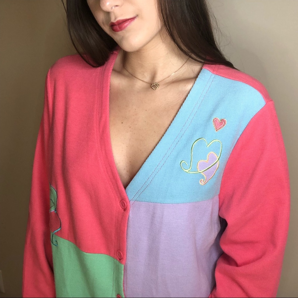 Cute vintage block color pastel heart cardigan 🥰